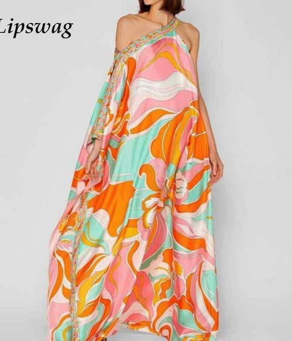 Women Spring Floral Printed Loose Maxi Dress Oversize Elegant 3/4 Sleeve Beach Dresses Summer V-neck Long Split Dresses Mujer