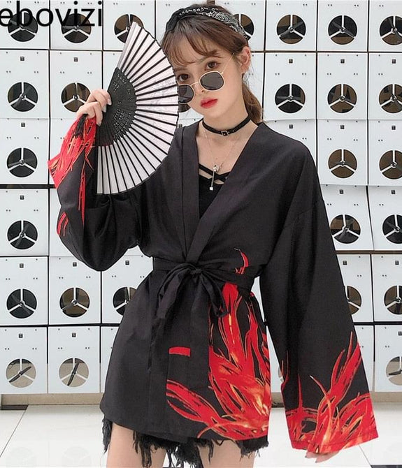 Bebovizi Japanese Style Flaming Phenix Print Cardigan Kimono Harajuku Women Men Sexy Yukata Female Streetwear Traditional Haori