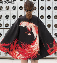 Bebovizi Japanese Style Flaming Phenix Print Cardigan Kimono Harajuku Women Men Sexy Yukata Female Streetwear Traditional Haori