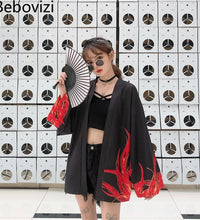 Bebovizi Japanese Style Flaming Phenix Print Cardigan Kimono Harajuku Women Men Sexy Yukata Female Streetwear Traditional Haori