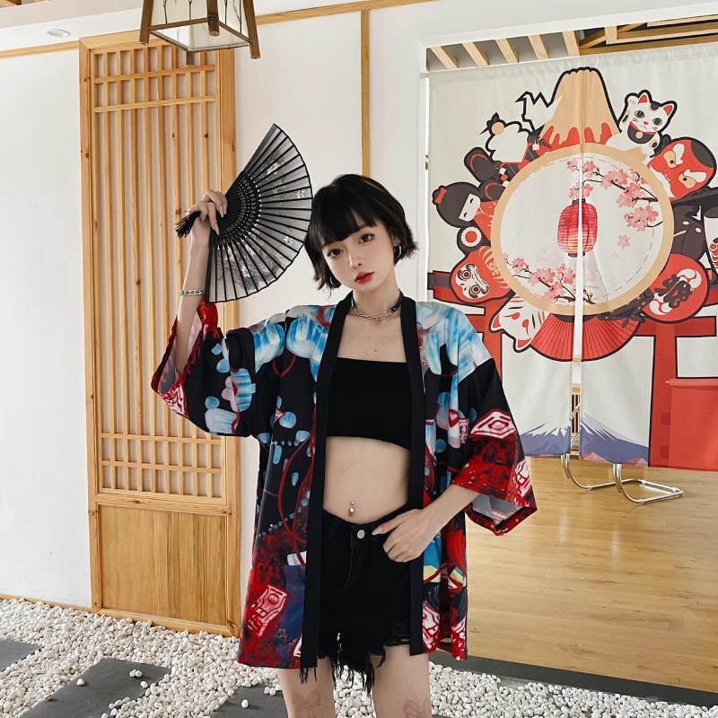 Bebovizi Japanese Style Flaming Phenix Print Cardigan Kimono Harajuku Women Men Sexy Yukata Female Streetwear Traditional Haori
