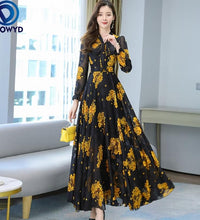 2021 Summer Black Print Korean Fashion Maxi Dress High Quality Flower Long Sleeve Women Chiffon Long Dress Vestidos