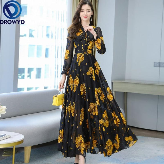 2021 Summer Black Print Korean Fashion Maxi Dress High Quality Flower Long Sleeve Women Chiffon Long Dress Vestidos