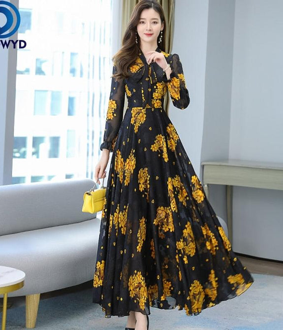 2021 Summer Black Print Korean Fashion Maxi Dress High Quality Flower Long Sleeve Women Chiffon Long Dress Vestidos