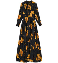 2021 Summer Black Print Korean Fashion Maxi Dress High Quality Flower Long Sleeve Women Chiffon Long Dress Vestidos