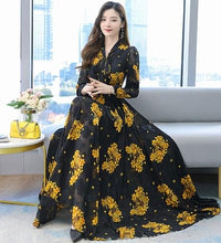 2021 Summer Black Print Korean Fashion Maxi Dress High Quality Flower Long Sleeve Women Chiffon Long Dress Vestidos