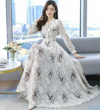 2021 Summer Black Print Korean Fashion Maxi Dress High Quality Flower Long Sleeve Women Chiffon Long Dress Vestidos