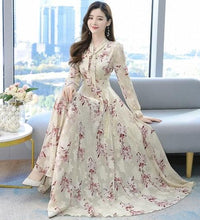 2021 Summer Black Print Korean Fashion Maxi Dress High Quality Flower Long Sleeve Women Chiffon Long Dress Vestidos