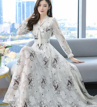 2021 Summer Black Print Korean Fashion Maxi Dress High Quality Flower Long Sleeve Women Chiffon Long Dress Vestidos