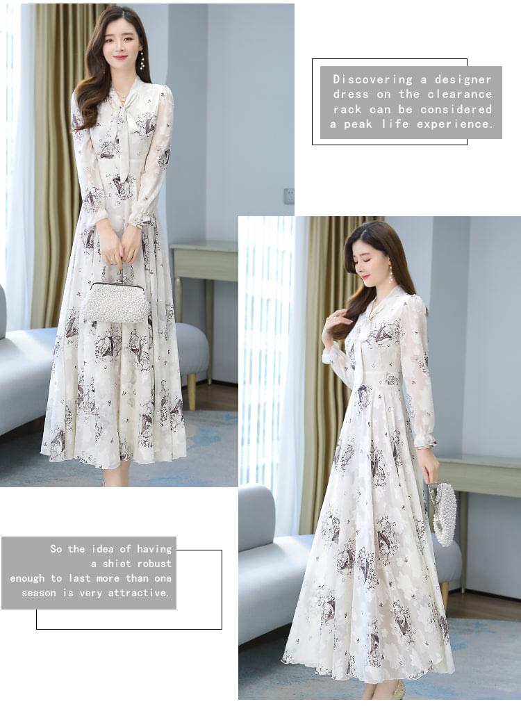 2021 Summer Black Print Korean Fashion Maxi Dress High Quality Flower Long Sleeve Women Chiffon Long Dress Vestidos