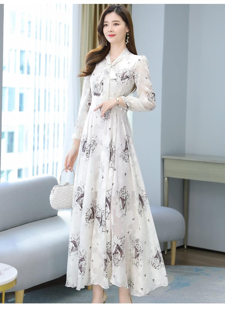 2021 Summer Black Print Korean Fashion Maxi Dress High Quality Flower Long Sleeve Women Chiffon Long Dress Vestidos