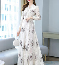 2021 Summer Black Print Korean Fashion Maxi Dress High Quality Flower Long Sleeve Women Chiffon Long Dress Vestidos