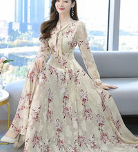 2021 Summer Black Print Korean Fashion Maxi Dress High Quality Flower Long Sleeve Women Chiffon Long Dress Vestidos