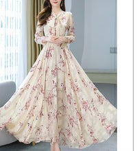 2021 Summer Black Print Korean Fashion Maxi Dress High Quality Flower Long Sleeve Women Chiffon Long Dress Vestidos