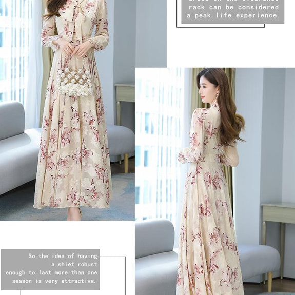 2021 Summer Black Print Korean Fashion Maxi Dress High Quality Flower Long Sleeve Women Chiffon Long Dress Vestidos
