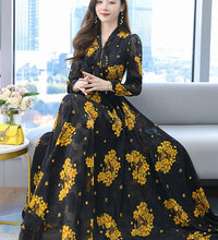 2021 Summer Black Print Korean Fashion Maxi Dress High Quality Flower Long Sleeve Women Chiffon Long Dress Vestidos