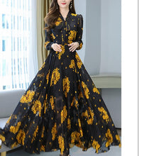 2021 Summer Black Print Korean Fashion Maxi Dress High Quality Flower Long Sleeve Women Chiffon Long Dress Vestidos