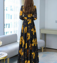 2021 Summer Black Print Korean Fashion Maxi Dress High Quality Flower Long Sleeve Women Chiffon Long Dress Vestidos