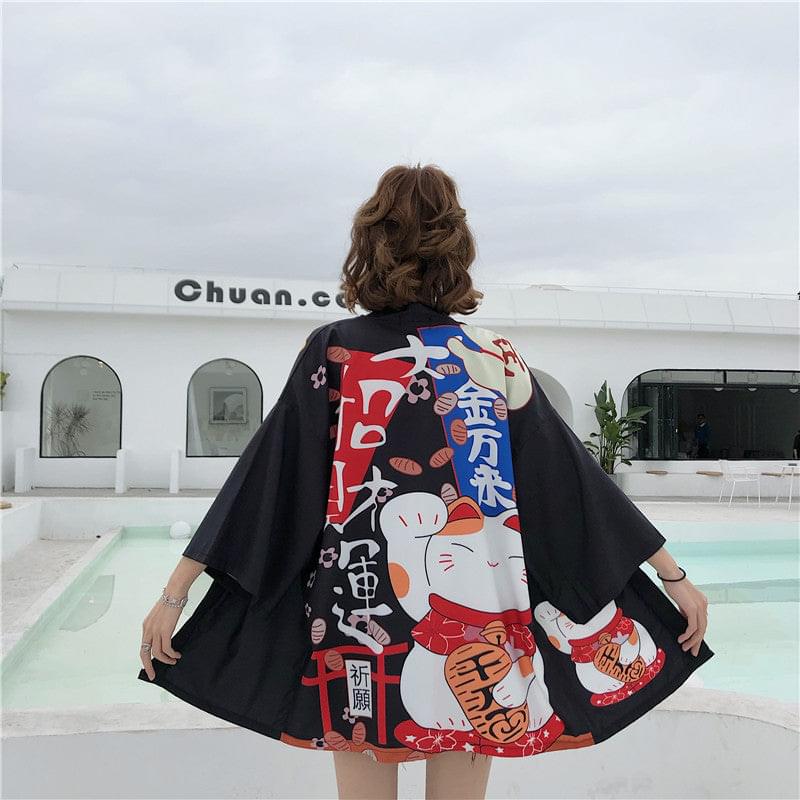 Chinese Style Print Men Kimono Cardigan Set Plus Size Male Yukata