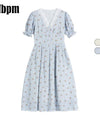 2021 Vintage Floral Dress Girls Elegant Lace Chiffon Korean Party Dress Puff Sleeve V Neck Midi Dress Fall Dresses for Women New