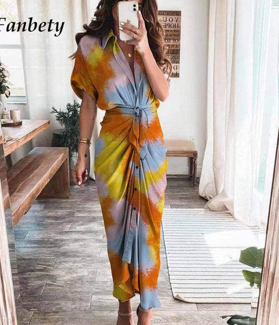 2021 Women Sexy Deep V Draped Shirt Long Dress Fashion Button Slit Bandage Beach Dress Lady Elegant Casual Short Sleeve Dresses