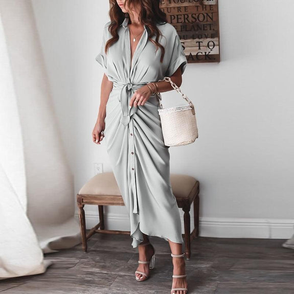 2021 Women Sexy Deep V Draped Shirt Long Dress Fashion Button Slit Bandage Beach Dress Lady Elegant Casual Short Sleeve Dresses