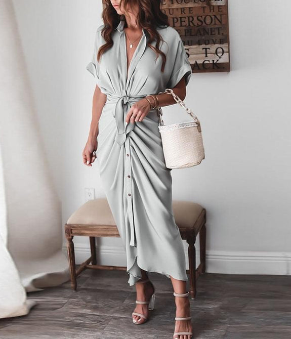 2021 Women Sexy Deep V Draped Shirt Long Dress Fashion Button Slit Bandage Beach Dress Lady Elegant Casual Short Sleeve Dresses