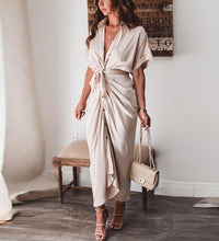 2021 Women Sexy Deep V Draped Shirt Long Dress Fashion Button Slit Bandage Beach Dress Lady Elegant Casual Short Sleeve Dresses