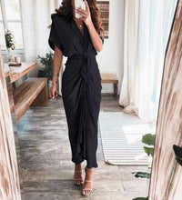 2021 Women Sexy Deep V Draped Shirt Long Dress Fashion Button Slit Bandage Beach Dress Lady Elegant Casual Short Sleeve Dresses