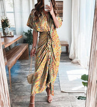 2021 Women Sexy Deep V Draped Shirt Long Dress Fashion Button Slit Bandage Beach Dress Lady Elegant Casual Short Sleeve Dresses