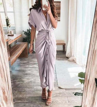 2021 Women Sexy Deep V Draped Shirt Long Dress Fashion Button Slit Bandage Beach Dress Lady Elegant Casual Short Sleeve Dresses