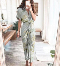 2021 Women Sexy Deep V Draped Shirt Long Dress Fashion Button Slit Bandage Beach Dress Lady Elegant Casual Short Sleeve Dresses