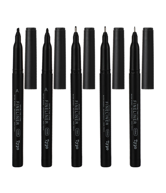 Miniso 5 Black Fineliners Set (Round, 1.0mm, Chisel, 0.5mm, 0.2mm)