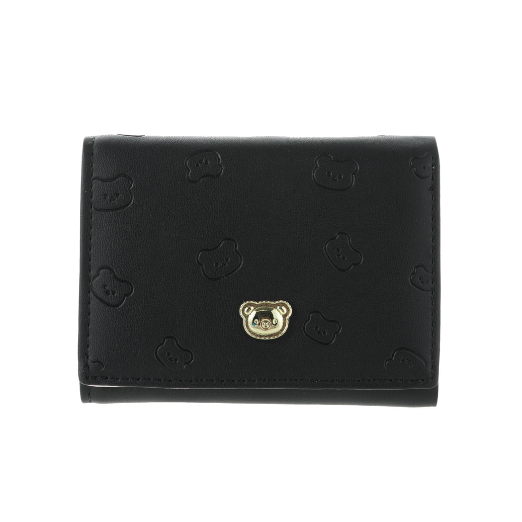 Miniso Women's Hardware Bear Embossed Trifold wallet(Black)