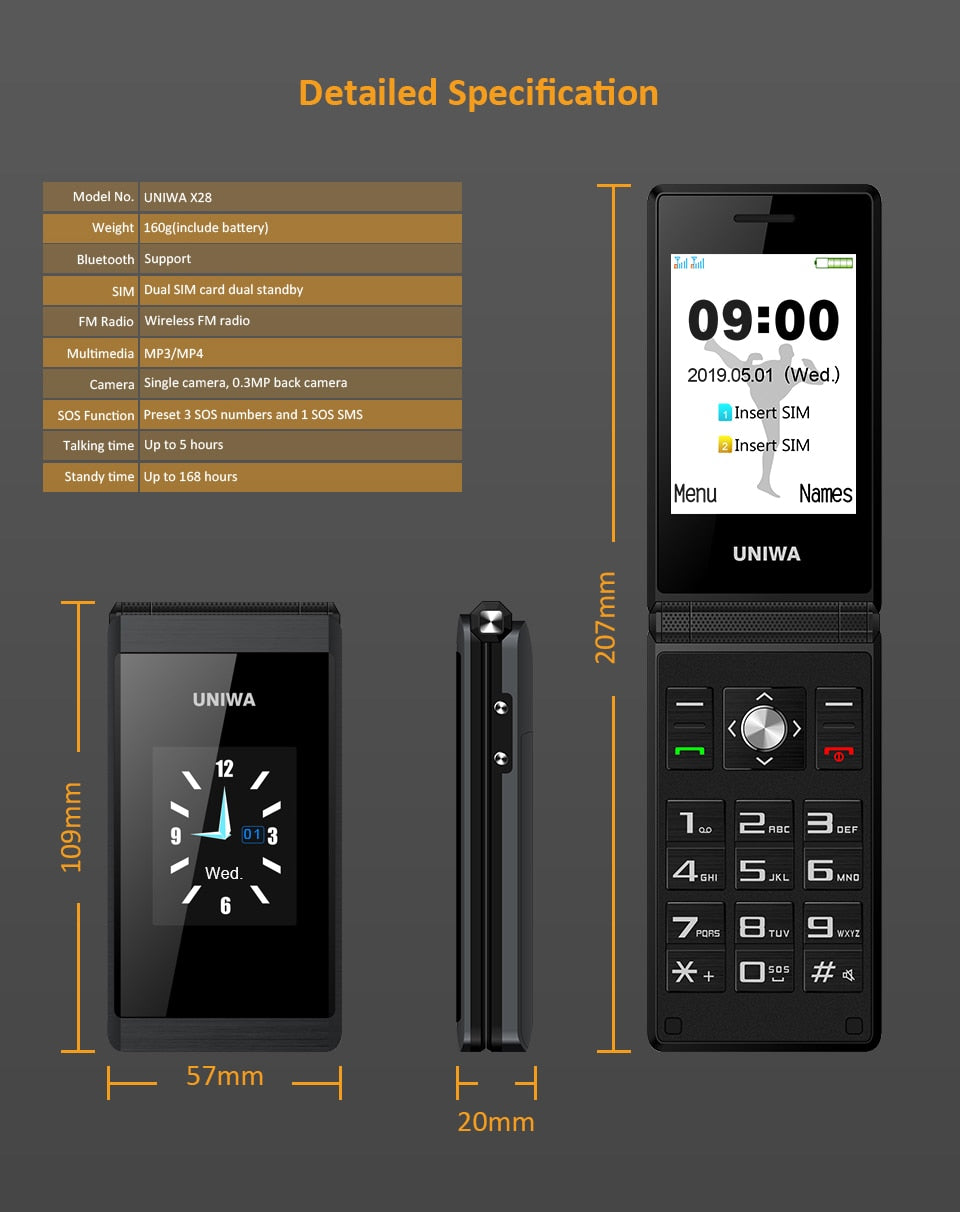 Flip Phone GSM Big Button Mobile Phone Dual Sim FM Radio Uniwa X28 Cellphone - astore.in