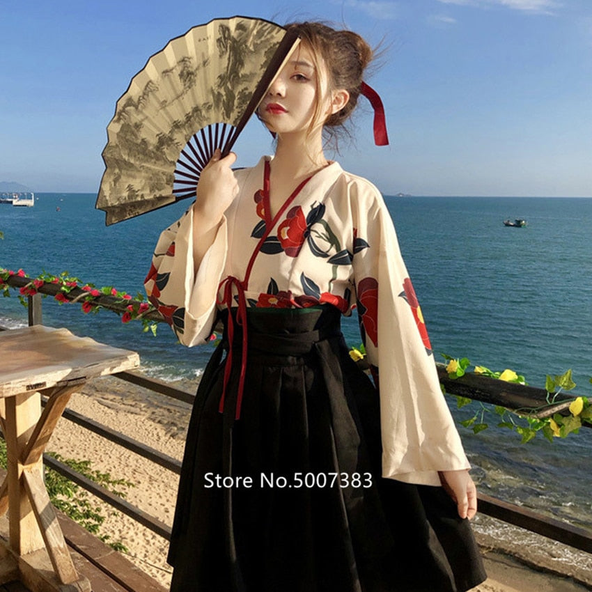 Japanese traditional Floral Kimono Top Skirt set - astore.in