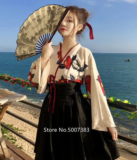 Japanese traditional Floral Kimono Top Skirt set - astore.in