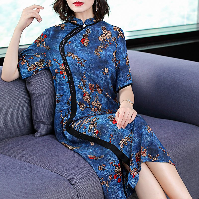 Chinese Cheongsam chiffon dress women flora print - astore.in