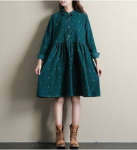 Mori Girl Autumn Winter Women Lolita Dress Blue Green Cartoon Print Casual Vestidos Preppy Cute Kawaii Elegant Corduroy Dresses