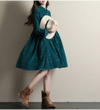 Mori Girl Autumn Winter Women Lolita Dress Blue Green Cartoon Print Casual Vestidos Preppy Cute Kawaii Elegant Corduroy Dresses