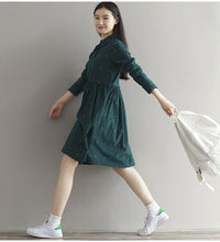 Korean Vintage Women Loose Dress Turn-Down Collar Character Full Sleeve Casual Vestidos Femininos Corduroy Green Retro Lady Dress