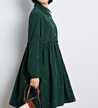 Korean Vintage Women Loose Dress Turn-Down Collar Character Full Sleeve Casual Vestidos Femininos Corduroy Green Retro Lady Dress