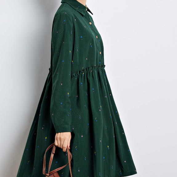 Korean Vintage Women Loose Dress Turn-Down Collar Character Full Sleeve Casual Vestidos Femininos Corduroy Green Retro Lady Dress