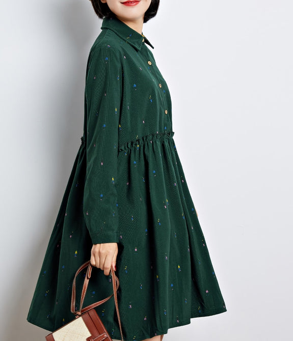 Korean Vintage Women Loose Dress Turn-Down Collar Character Full Sleeve Casual Vestidos Femininos Corduroy Green Retro Lady Dress