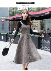 England Style Autumn Winter Women Midi Sundress Suspenders Vintage Plaid Woolen Sleeveless Dress Elegant Chic Warm Vestido Mujer
