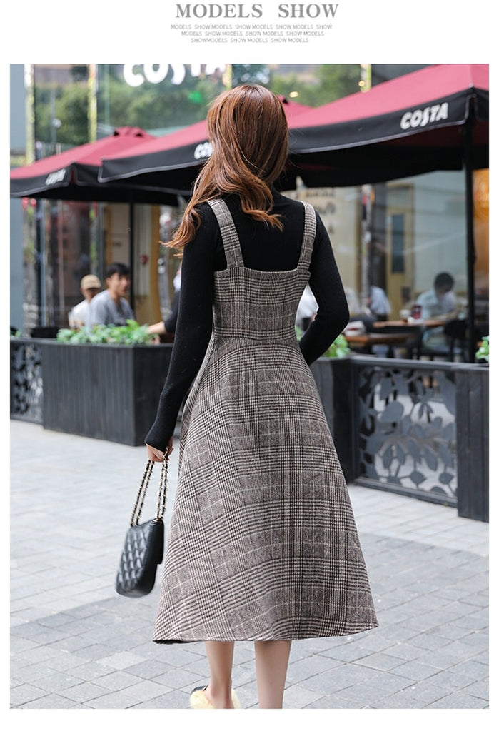 England Style Autumn Winter Women Midi Sundress Suspenders Vintage Plaid Woolen Sleeveless Dress Elegant Chic Warm Vestido Mujer