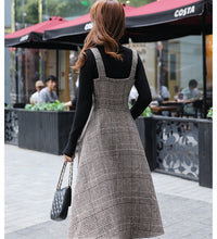 England Style Autumn Winter Women Midi Sundress Suspenders Vintage Plaid Woolen Sleeveless Dress Elegant Chic Warm Vestido Mujer