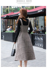 England Style Autumn Winter Women Midi Sundress Suspenders Vintage Plaid Woolen Sleeveless Dress Elegant Chic Warm Vestido Mujer