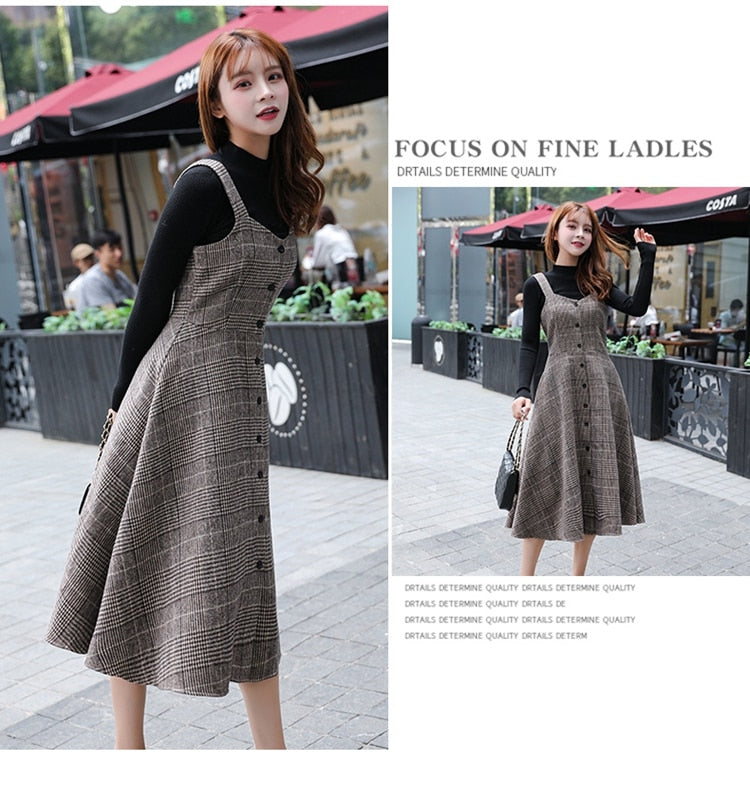 England Style Autumn Winter Women Midi Sundress Suspenders Vintage Plaid Woolen Sleeveless Dress Elegant Chic Warm Vestido Mujer