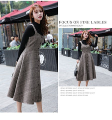 England Style Autumn Winter Women Midi Sundress Suspenders Vintage Plaid Woolen Sleeveless Dress Elegant Chic Warm Vestido Mujer